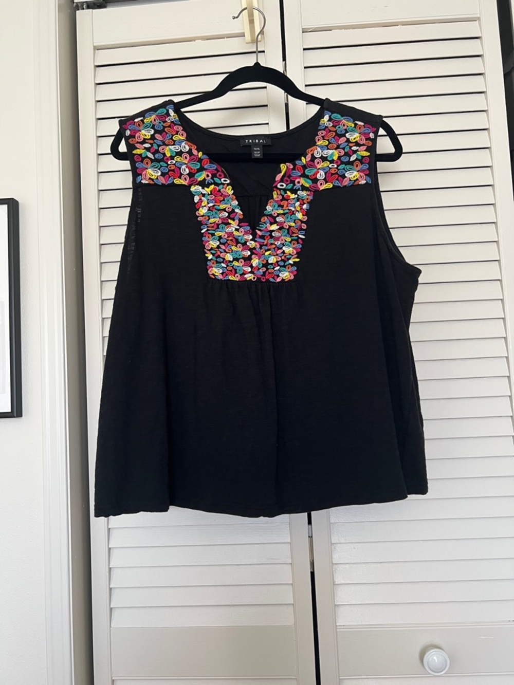 Tribal Black Sleeveless Tank with Multicolor Embroidery
